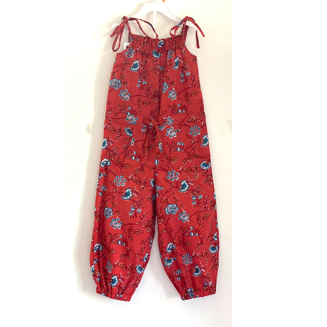 Girls Jumpsuit Romper - Coral with blue flowers