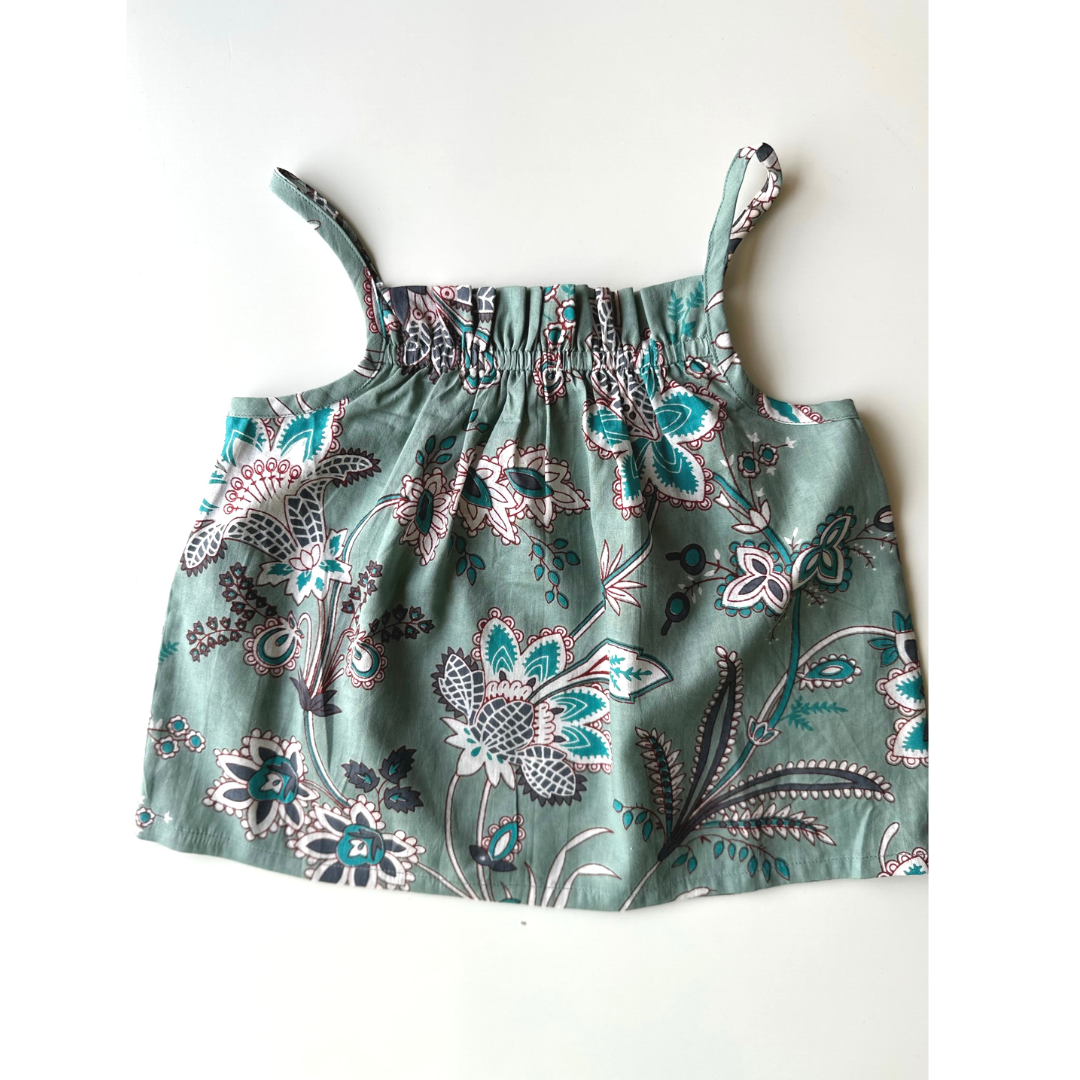 Girls Sun Top - Green Hand Block Printed