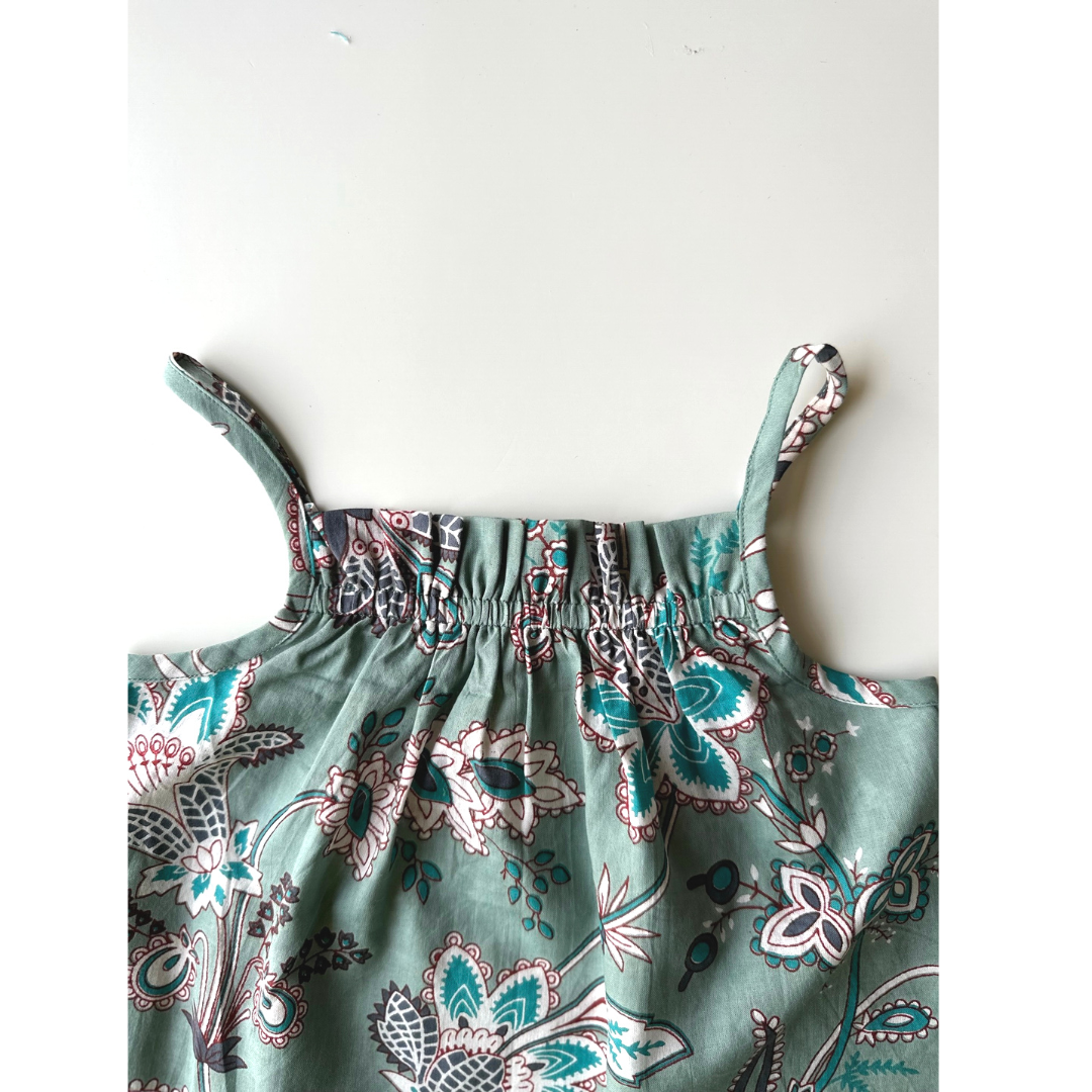 Girls Sun Top - Green Hand Block Printed