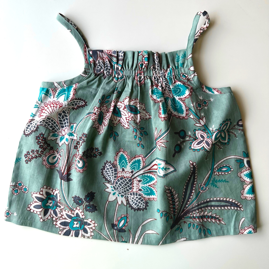 Girls Sun Top - Green Hand Block Printed