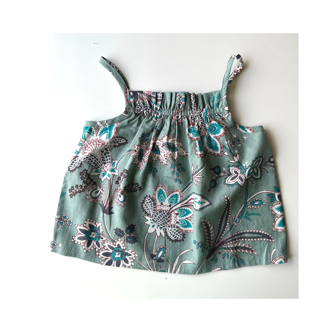 Girls Sun Top - Green Hand Block Printed