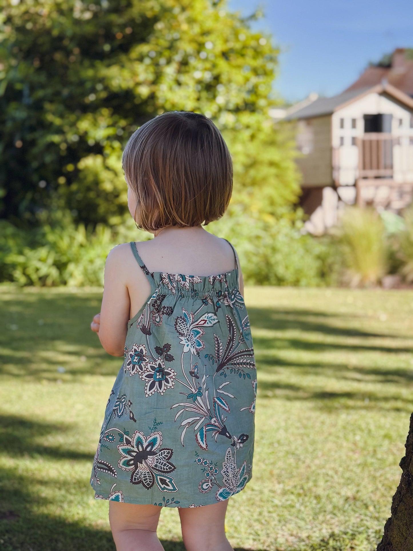 Girls Sun Top - Green Hand Block Printed